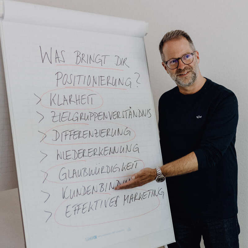 Christoph bei einem strategischen Positionierungsworkshop an einem Flipchart