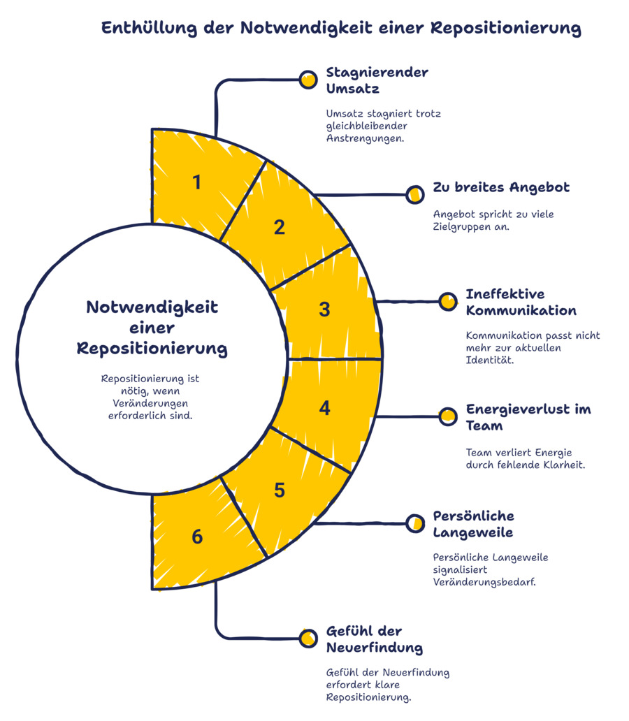 Infografik Zur Notwendigkeit Einer Repositionierung Mit Typischen Auslösern Wie Stagnierendem Umsatz, Zu Breitem Angebot, Ineffektiver Kommunikation, Energieverlust Im Team Und Persönlichem Veränderungsbedarf.