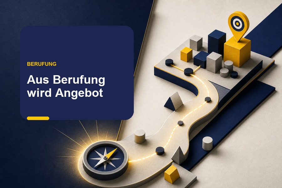 Titelbild zum Ratgeber Berufung selbstständig machen mit Brücke und der Aussage „Aus Richtung wird Angebot“.