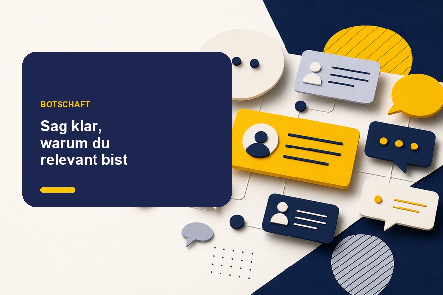 Titelbild mit Karten, Pfeilen und einer verdichteten Aussage zum Thema Botschaft entwickeln.