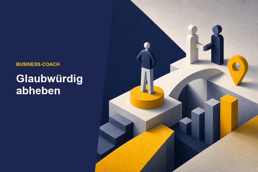 Titelbild zum Ratgeber „Business Coach Positionierung“ mit Business-Symbolen und Diagramm für glaubwürdige Differenzierung im Coaching-Markt.
