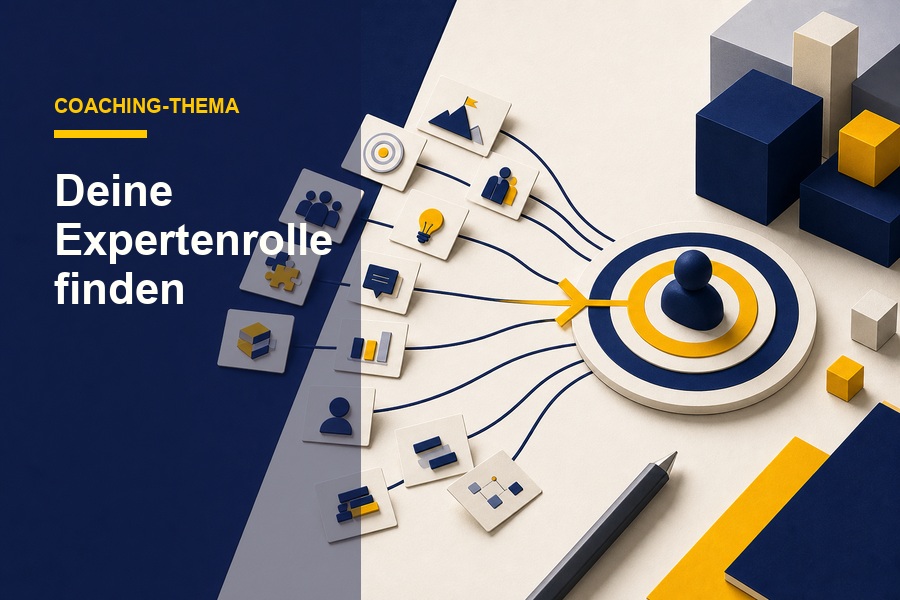 Titelbild zum Ratgeber Coaching-Thema entwickeln mit Dokument, Pfeil und der Aussage „Deine Expertenrolle“.
