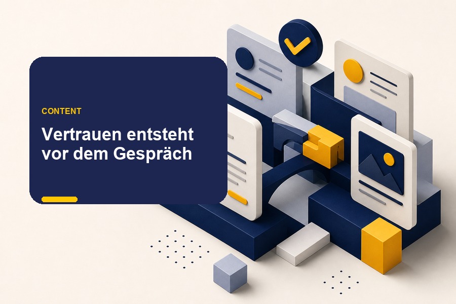 Titelbild zu Content für Personal Brands mit Themenkarten, Vertrauenssignal und Expertenprofil.