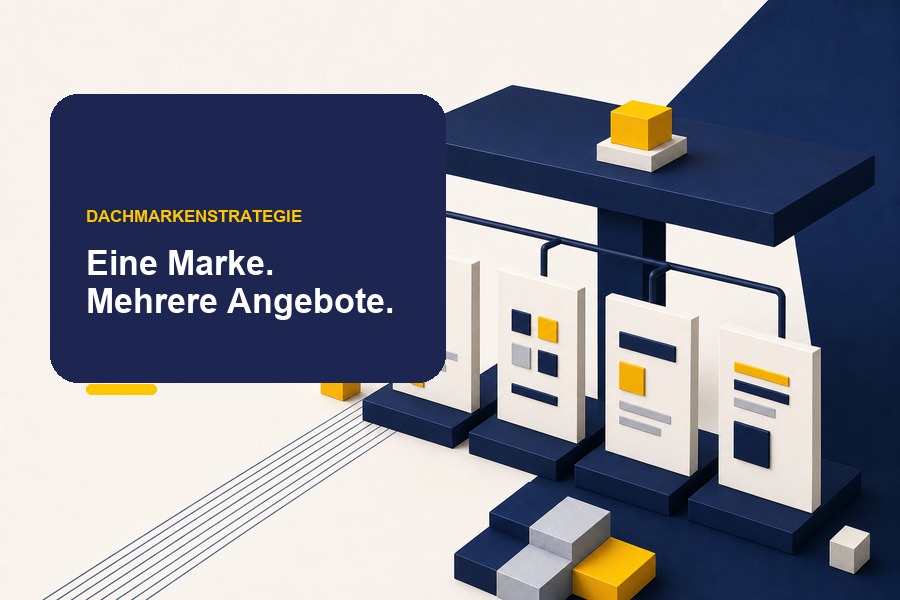 Titelbild zum Ratgeber „Dachmarkenstrategie“ mit Markenstruktur und mehreren Angebotsfeldern unter einer Dachmarke.