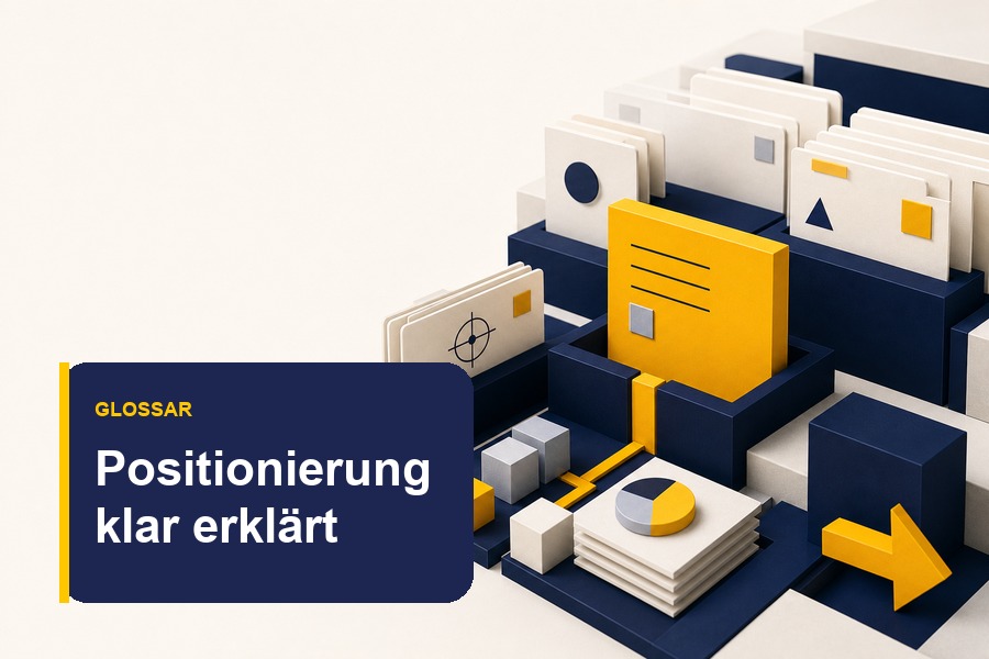 Titelbild zum Positionierung Glossar mit Begriffskarten, Kompass und klarer Struktur.