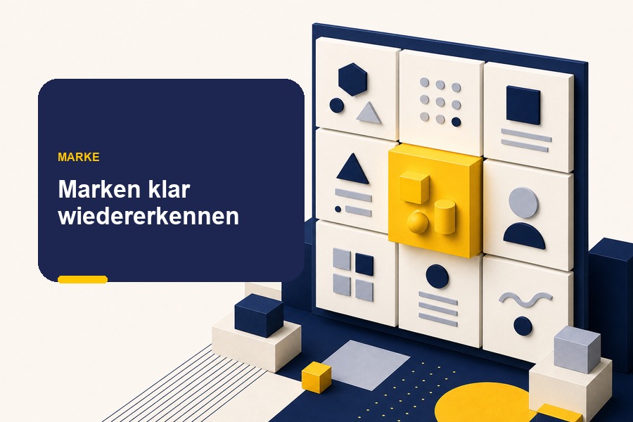 Titelbild zum Ratgeber „Markenpositionierung Beispiele“ mit gestapelten Markenelementen und Hinweis auf Wiedererkennung.
