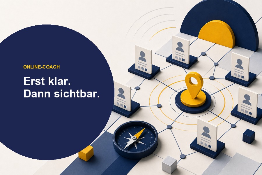 Titelbild zum Ratgeber „Online-Coach Positionierung“ mit Bildschirm, Signalbogen und der Aussage „Erst klar. Dann sichtbar.“