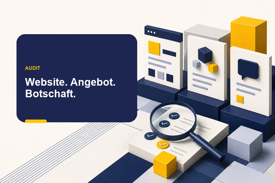 Titelbild mit Audit-Board für Website, Angebot und Botschaft.