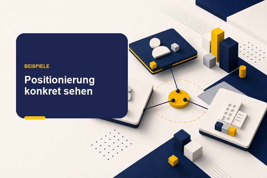 Titelbild zum Ratgeber „Positionierung Beispiele“ mit Diagramm, Pfeil und Wachstumselementen als Symbol für klare Marktpositionen.