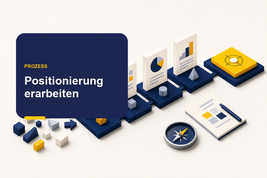 Titelbild zum Ratgeber „Positionierung erarbeiten“ mit Stufen, Pfeil und Prozesssymbolik für den Weg von Klarheit zur Marktrolle.