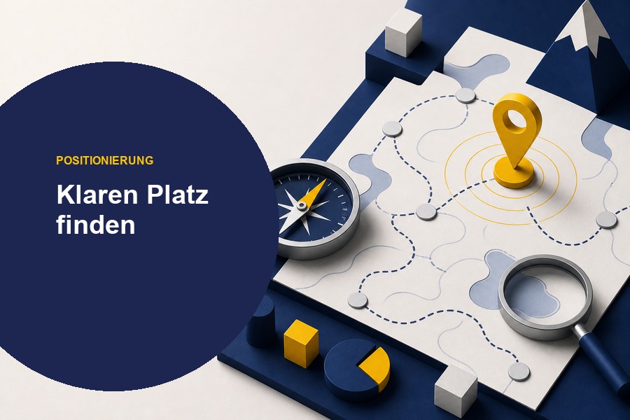 Editoriales Titelbild zum Ratgeber Positionierung finden mit Zielscheibe, Wachstumselementen und der Aussage „Positionierung finden“ im Fogelperspektive-CI.