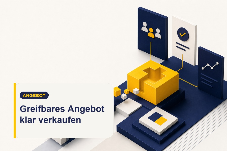 Titelbild zum Ratgeber über Positionierung und greifbares Angebot mit Angebotskarte und klarem Nutzen.