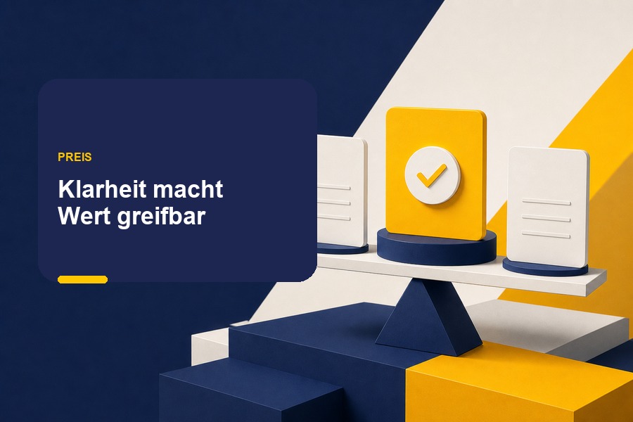 Titelbild zum Ratgeber „Positionierung und Preis“ mit Preisschild, Wachstumselementen und Pfeil als Symbol für klare Angebote und Preisvertrauen.