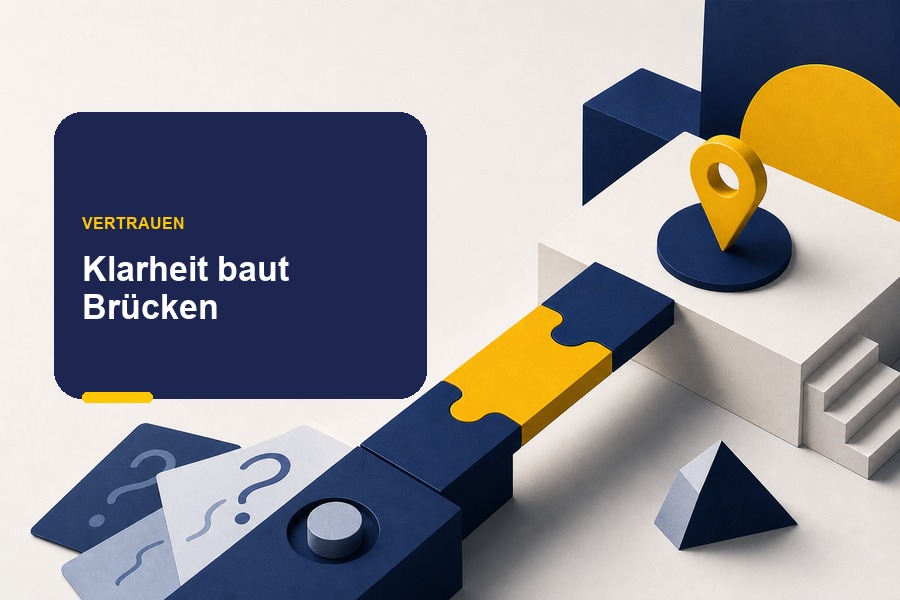 Editoriales Titelbild zum Ratgeber Positionierung und Vertrauen mit der Aussage „Klarheit schafft Vertrauen“ im Fogelperspektive-CI.