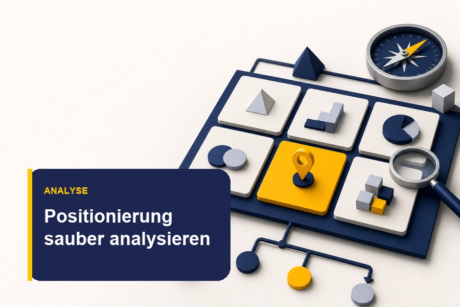 Titelbild zum Ratgeber Positionierungsanalyse mit Klarheitsfeldern, Zielmarkierung und Angebotsfokus.
