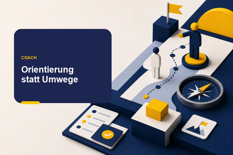 Titelbild zum Ratgeber „Positionierungscoach“ mit Kompasssymbol für Aufgaben, Nutzen und Auswahl eines passenden Positionierungscoaches.
