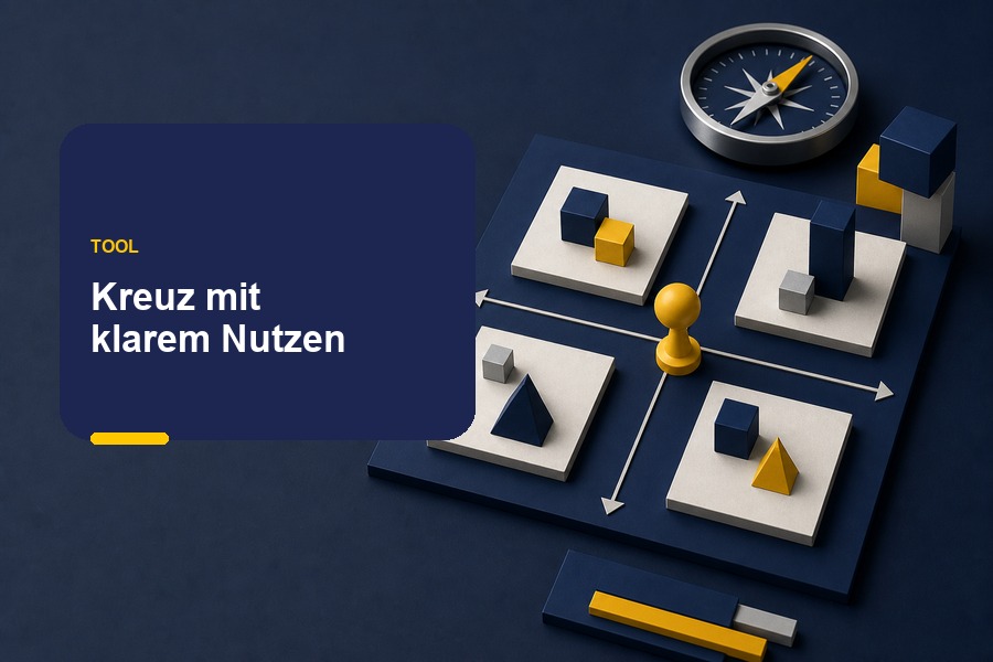 Titelbild zum Ratgeber „Positionierungskreuz“ mit Achsenkreuz und Hinweis auf Nutzen, Grenzen und bessere Alternativen.