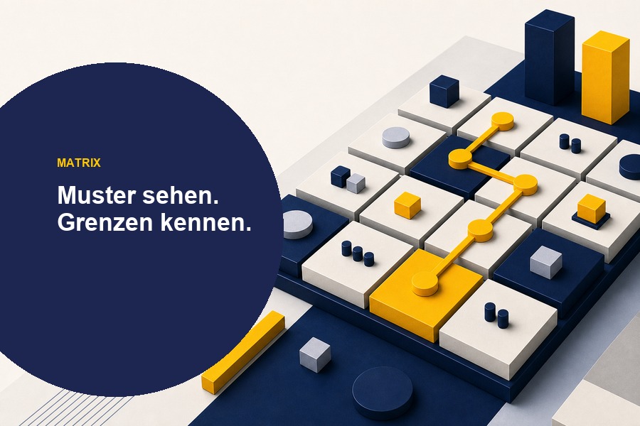 Titelbild zum Ratgeber „Positionierungsmatrix“ mit Matrixsymbol und Hinweis, dass Einordnen noch keine Entscheidung ist.
