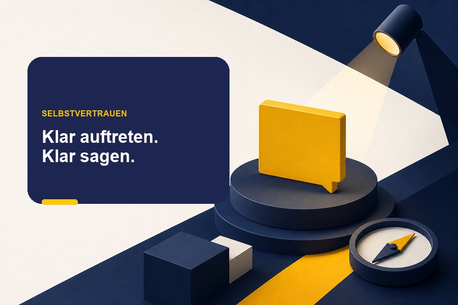 Titelbild zum Ratgeber Selbstvertrauen und Positionierung mit Statement-Karte, Bühne und klarer Markierung.