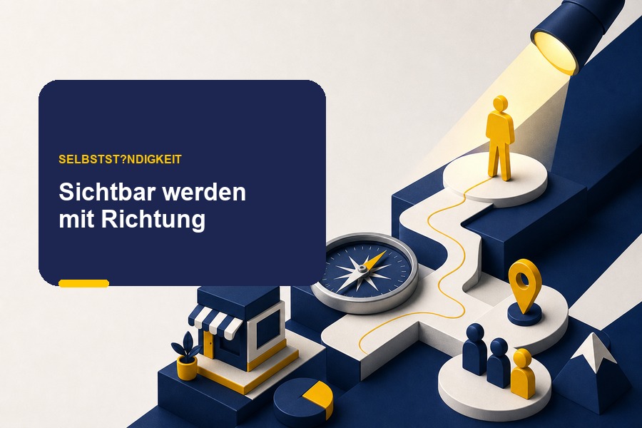 Titelbild zum Ratgeber Selbstvertrauen in der Selbstständigkeit mit Person im Scheinwerfer und klarer Business-Rolle.