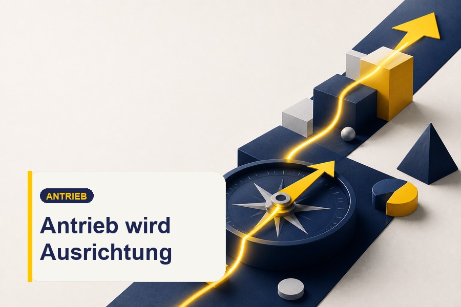 Titelbild zum Ratgeber Starker innerer Antrieb mit Scheinwerfer und der Aussage „Vom Warum zur Wirkung“.