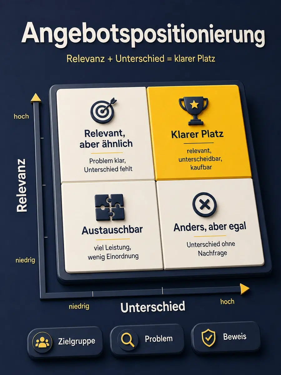 Angebotspositionierung: So Bekommt Dein Angebot Einen Klaren Platz Matrix Zur Angebotspositionierung Mit Relevanz, Unterschied Und Klarem Platz Im Markt.