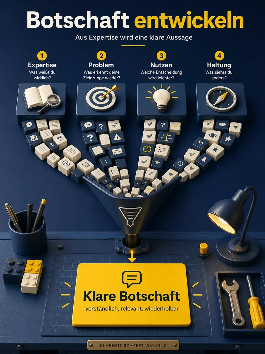 Botschaft Entwickeln: Aus Expertise Wird Eine Klare Aussage Infografik Zur Entwicklung Einer Botschaft Von Expertise Über Problem, Nutzen Und Haltung Zur Klaren Aussage.