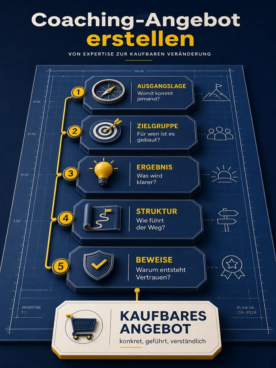 Coaching-Angebot Erstellen: Von Expertise Zu Einem Kaufbaren Angebot Infografik Mit Fünf Schritten Zum Coaching-Angebot: Ausgangslage, Zielgruppe, Ergebnis, Struktur Und Beweise.
