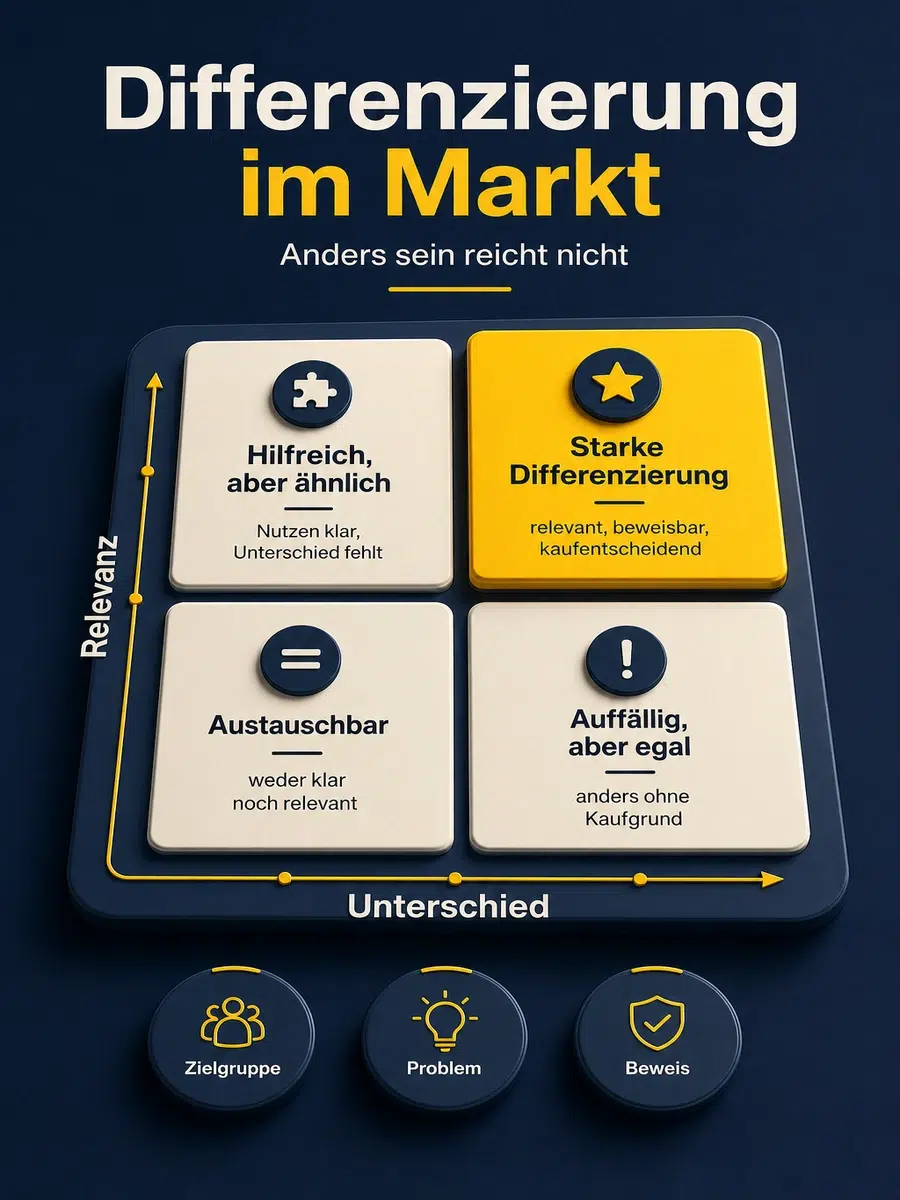 Differenzierung Im Markt: Warum Anders Sein Allein Nicht Reicht Matrix Zur Differenzierung Im Markt Mit Relevanz, Unterschied, Zielgruppe, Problem Und Beweis.