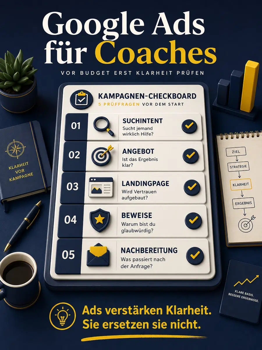 Google Ads Für Coaches: Wann Anzeigen Funktionieren Und Wann Nicht Infografik Mit Fünf Prüffragen Für Google Ads Für Coaches: Suchintent, Angebot, Landingpage, Beweise Und Nachbereitung.
