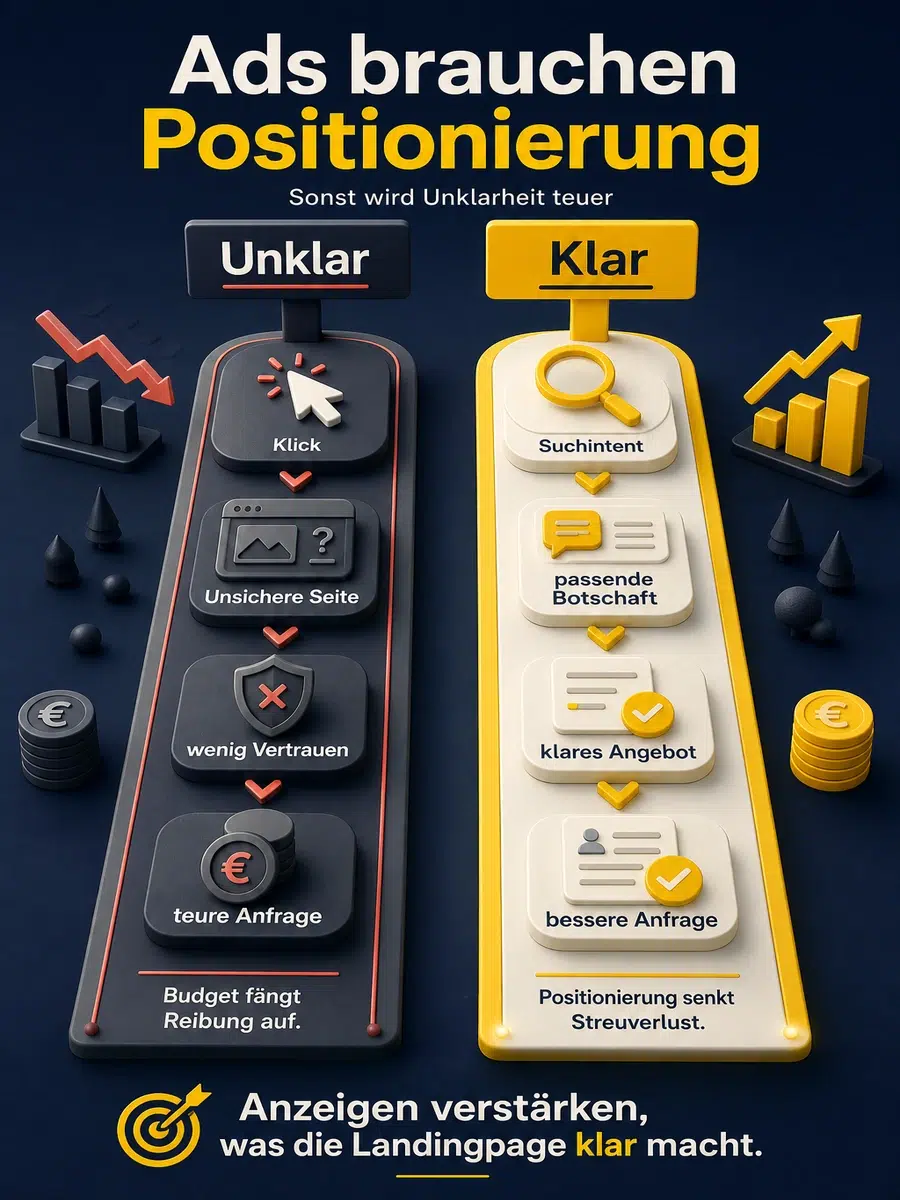 Google Ads Und Positionierung: Warum Anzeigen Ohne Klares Angebot Teuer Werden Infografik Zur Kostenlogik Von Google Ads Bei Unklarer Und Klarer Positionierung.