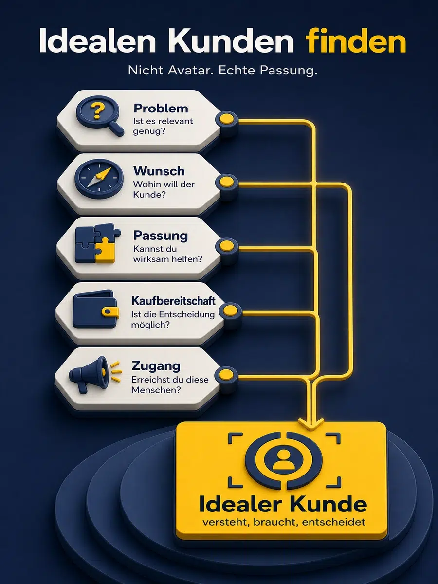 Idealen Kunden Finden: So Wird Dein Angebot Greifbarer Infografik Mit Fünf Kriterien Für Den Idealen Kunden: Problem, Wunsch, Passung, Kaufbereitschaft Und Zugang.