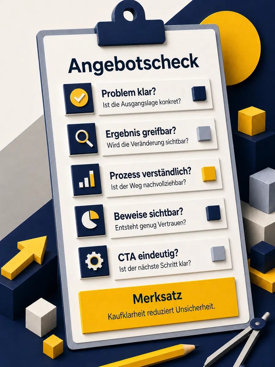 Angebotscheck: Ist Dein Angebot Klar Genug Für Kaufentscheidungen? Infografik Zum Angebotscheck Mit Problem, Ergebnis, Prozess, Beweisen Und Eindeutigem Cta.