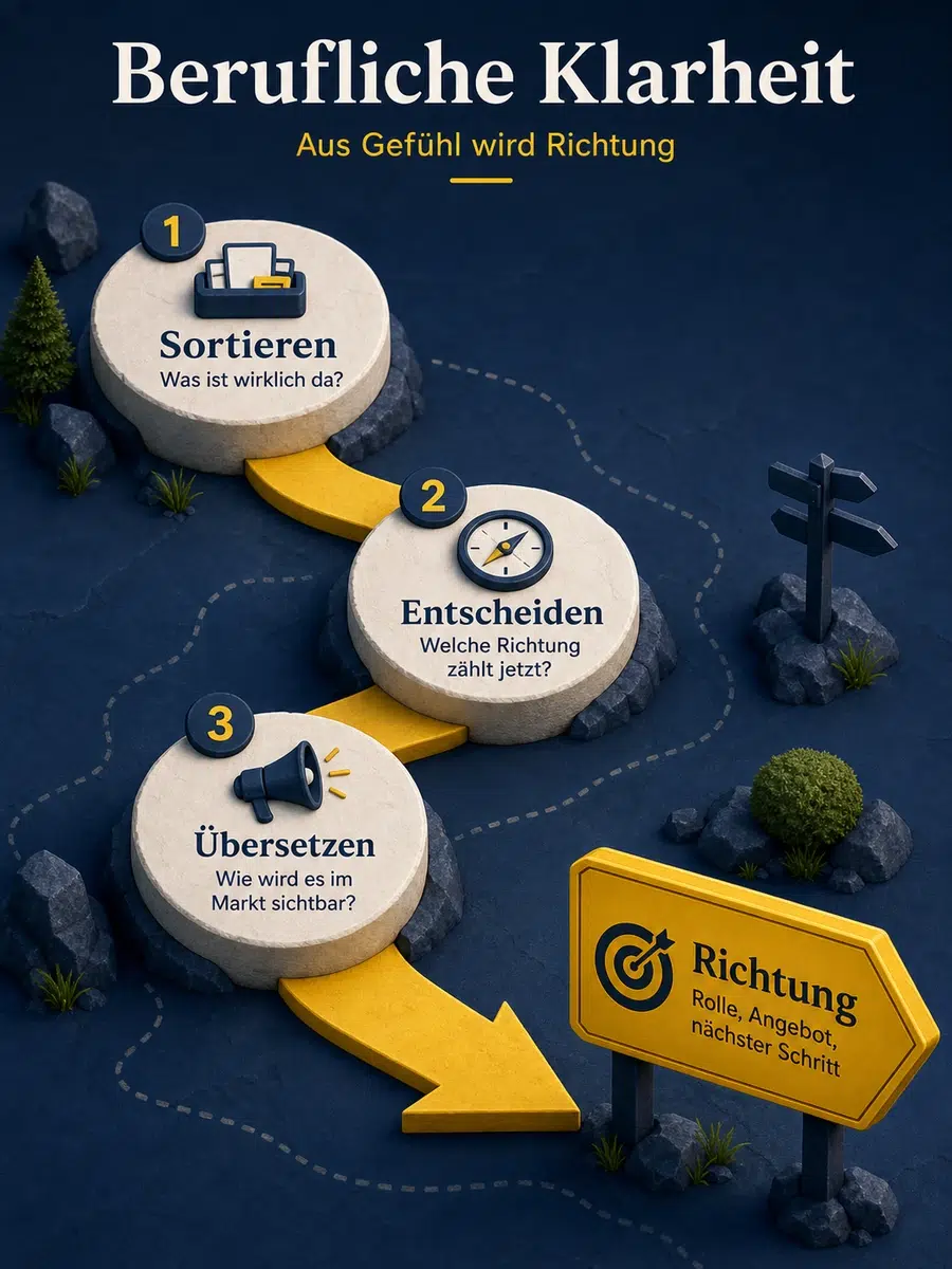 Berufliche Klarheit Finden: Vom Diffusen Gefühl Zur Klaren Richtung Infografik Zur Beruflichen Klarheit Mit Sortieren, Entscheiden, Übersetzen Und Klarer Richtung.