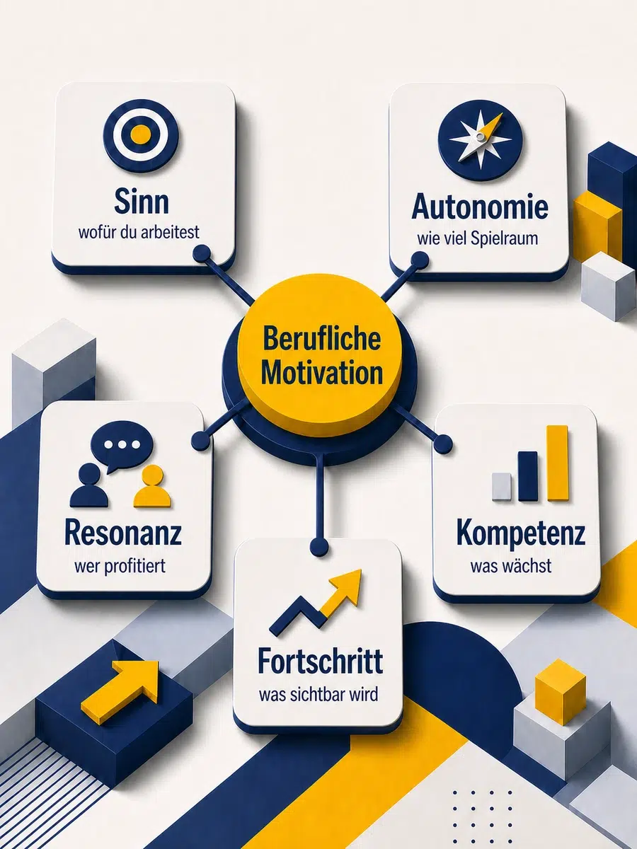 Berufliche Motivation: Engagement Im Job Steigern Infografik Mit Fünf Faktoren Für Berufliche Motivation: Wirkung, Freiheit, Wachstum, Anerkennung Und Klarheit.
