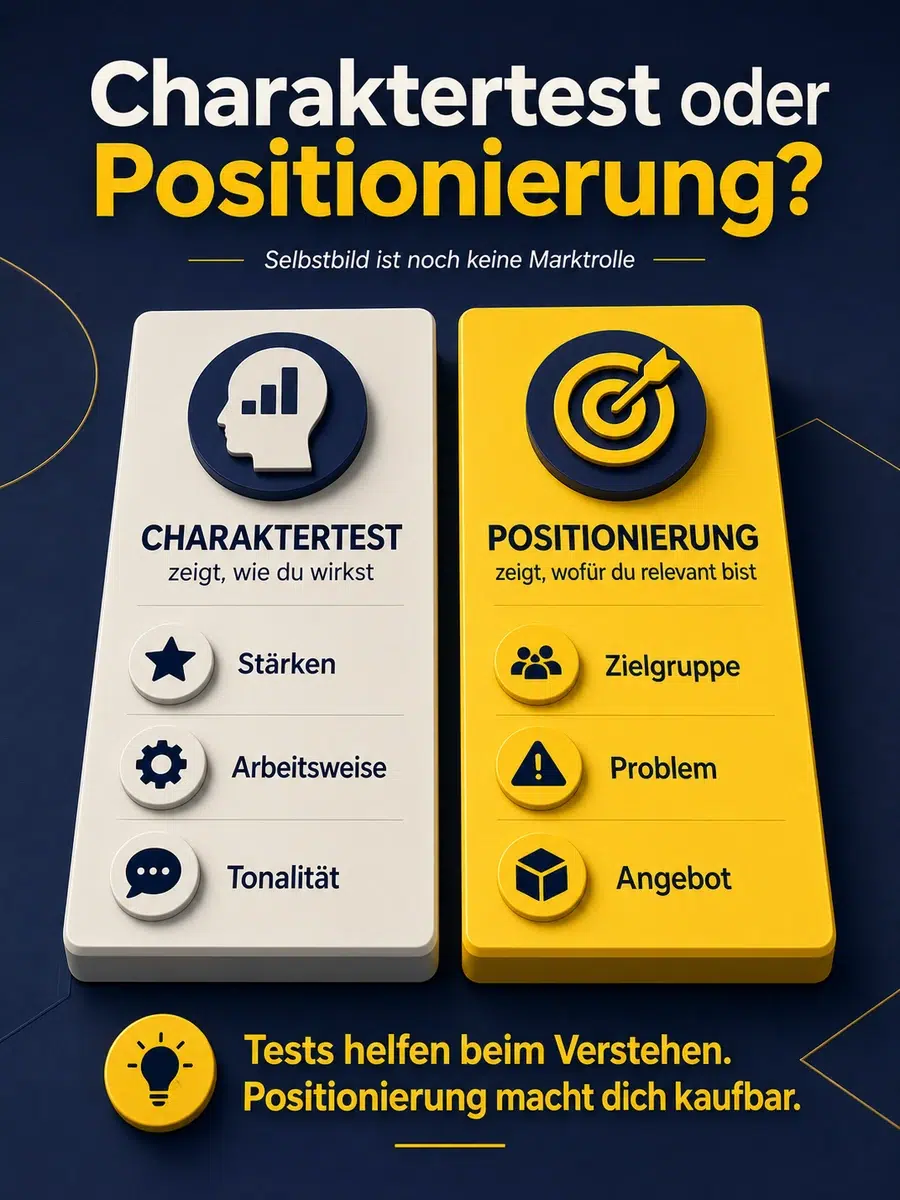 Charaktertest: Was Er Kann Und Warum Positionierung Tiefer Geht Infografik Zum Vergleich Von Charaktertest Und Positionierung Mit Selbstbild, Marktrolle, Zielgruppe, Problem Und Angebot.