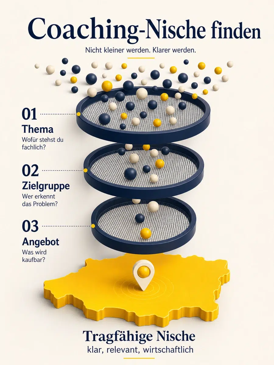 Coaching-Nische Finden: Wie Aus Deinem Thema Ein Klares Angebot Wird Infografik Zum Nischen-Filter Für Coaches Mit Thema, Zielgruppe, Angebot Und Tragfähiger Nische.