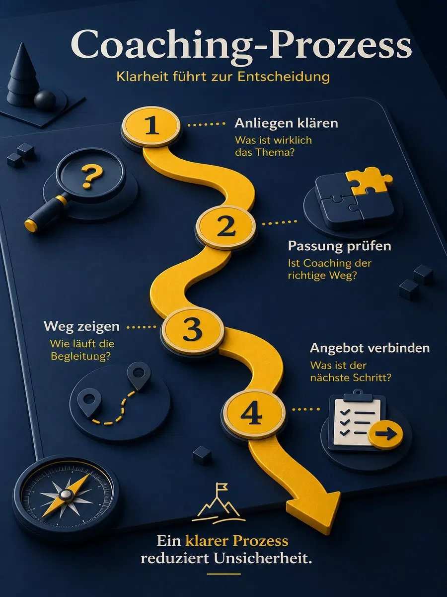 Coaching-Prozess Gestalten: Vom Erstgespräch Zur Klaren Entscheidung Infografik Zum Coaching-Prozess Mit Anliegen Klären, Passung Prüfen, Weg Zeigen Und Angebot Verbinden.
