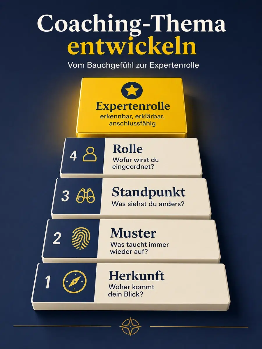 Coaching-Thema Entwickeln: Vom Bauchgefühl Zur Klaren Expertenrolle Infografik Zur Entwicklung Eines Coaching-Themas Von Herkunft Über Muster Und Standpunkt Bis Zur Expertenrolle.
