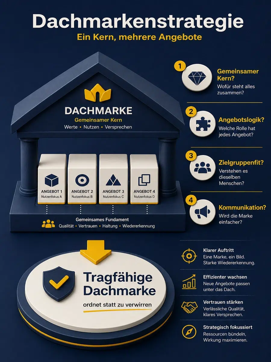 Dachmarkenstrategie: Wann Eine Marke Mehrere Angebote Tragen Kann Infografik Zur Dachmarkenstrategie Mit Prüffragen Zu Gemeinsamem Kern, Angebotslogik, Zielgruppenfit Und Kommunikation.