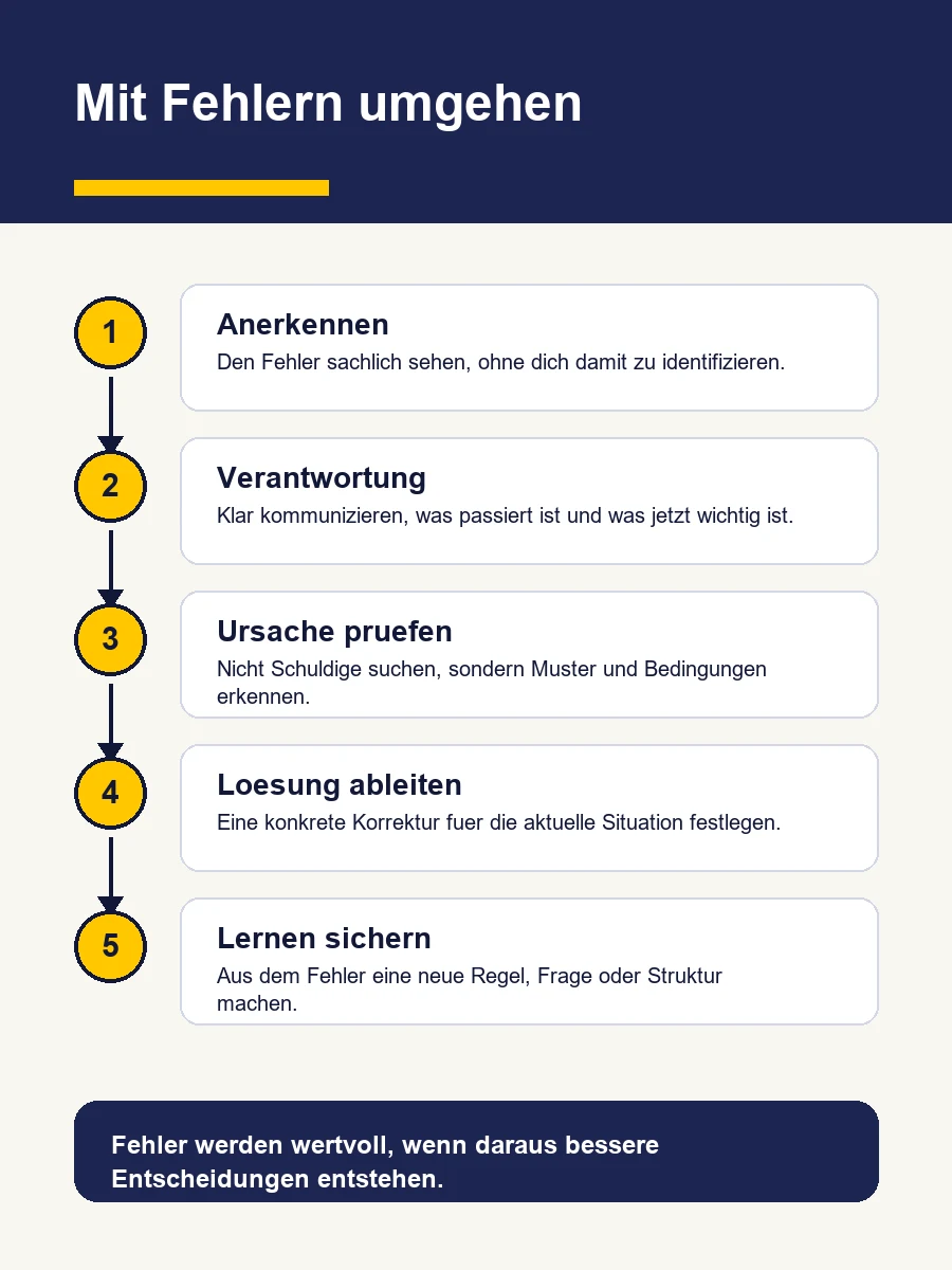 Mit Fehlern Umgehen: Fehler Eingestehen Und Daran Wachsen Infografik Mit Fünf Schritten Für Den Umgang Mit Fehlern: Anerkennen, Verantwortung Übernehmen, Ursachen Prüfen, Lösung Ableiten Und Lernen Sichern.