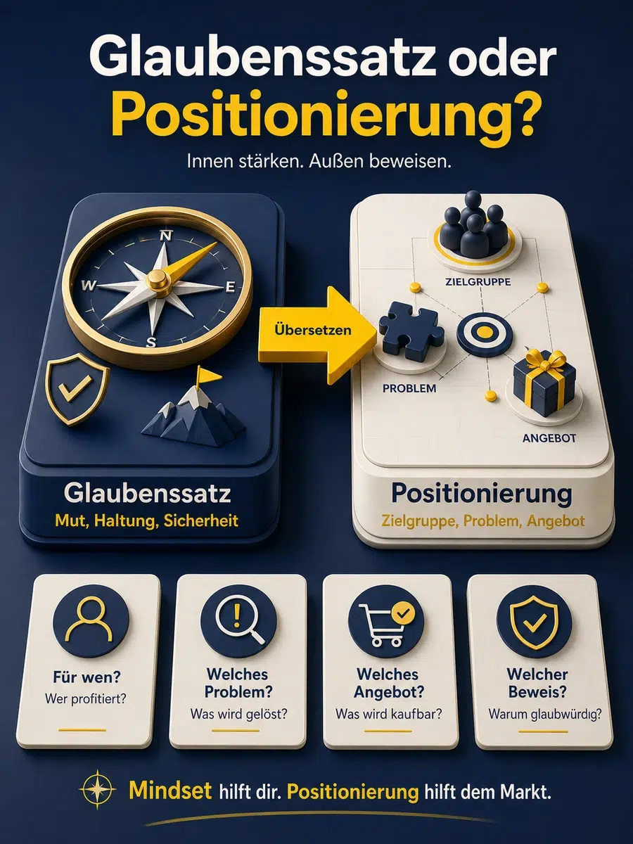 Positive Glaubenssätze: Hilfreich, Aber Keine Positionierung Infografik Zum Unterschied Zwischen Glaubenssatz Und Positionierung Mit Innerer Haltung, Zielgruppe, Problem, Angebot Und Beweis.