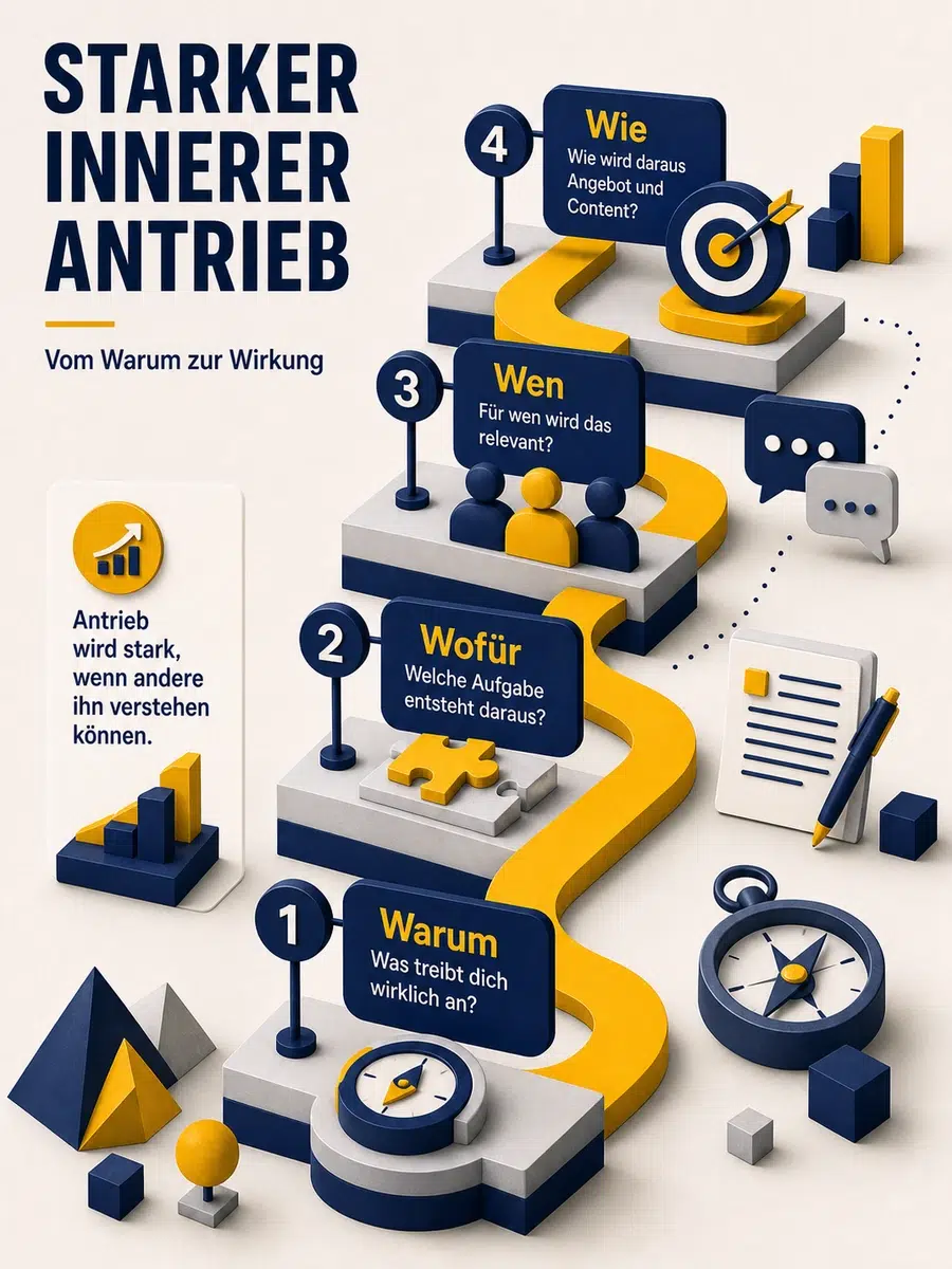 Starker Innerer Antrieb: Wie Motivation Nach Außen Sichtbar Wird Infografik Zum Inneren Antrieb Mit Den Vier Fragen Warum, Wofür, Wen Und Wie Als Weg Zur Sichtbaren Positionierung.