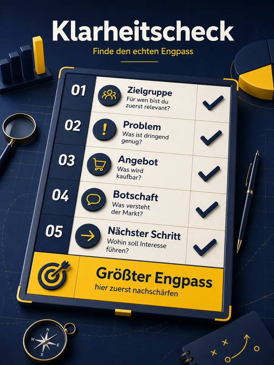 Klarheitscheck: Was Dir Gerade Wirklich Fehlt Infografik Zum Klarheitscheck Mit Fünf Fragen Zu Zielgruppe, Problem, Angebot, Botschaft Und Nächstem Schritt.
