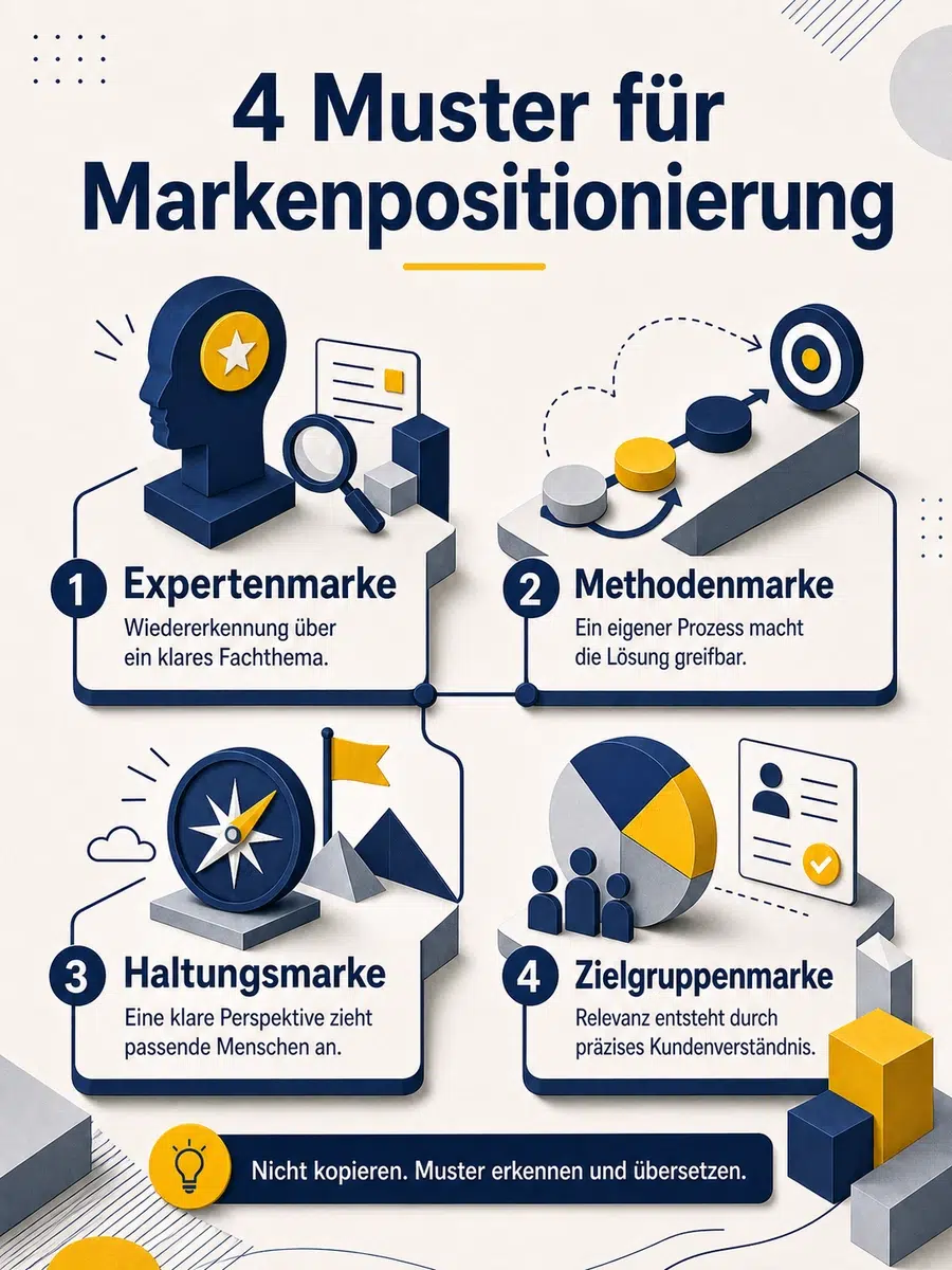 Markenpositionierung Beispiel: Wie Aus Klarheit Wiedererkennung Entsteht Infografik Mit Vier Mustern Für Markenpositionierung: Expertenmarke, Methodenmarke, Haltungsmarke Und Zielgruppenmarke.