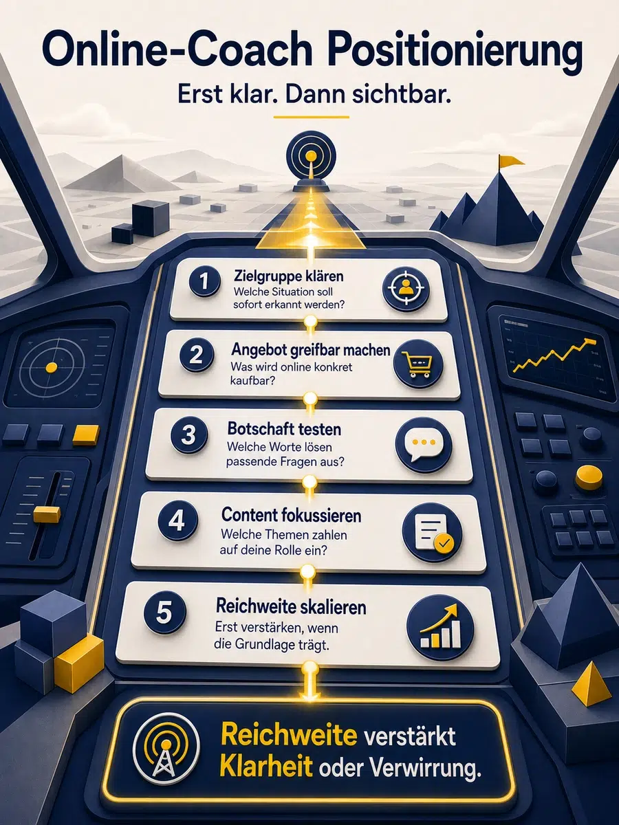 Online-Coach Positionierung: Klar Werden, Bevor Du Reichweite Aufbaust Infografik Zur Online-Coach Positionierung Mit Fünf Schritten Von Zielgruppe Klären Bis Reichweite Skalieren.