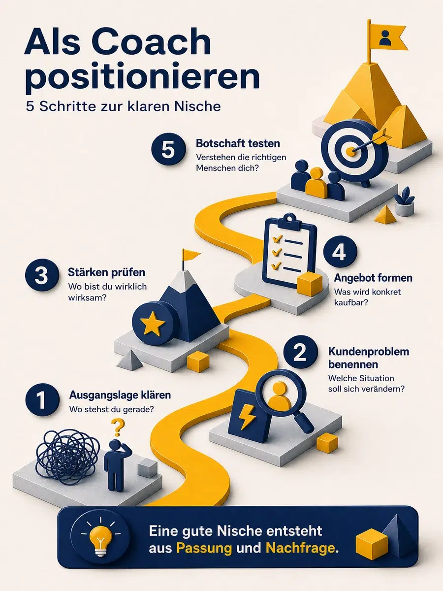 Wie Positioniere Ich Mich Als Coach? Schritt Für Schritt Zur Klaren Nische Infografik Mit Fünf Schritten Zur Coach-Positionierung: Ausgangslage Klären, Kundenproblem Benennen, Stärken Prüfen, Angebot Formen Und Botschaft Testen.