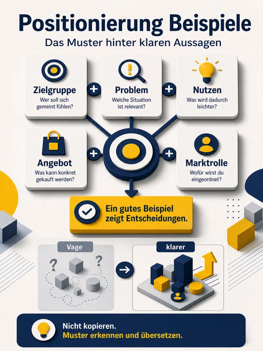 Positionierung Beispiel: 12 Beispiele Für Coaches, Berater Und Unternehmen Infografik Zum Muster Klarer Positionierung Beispiele Mit Zielgruppe, Problem, Nutzen, Angebot Und Marktrolle.