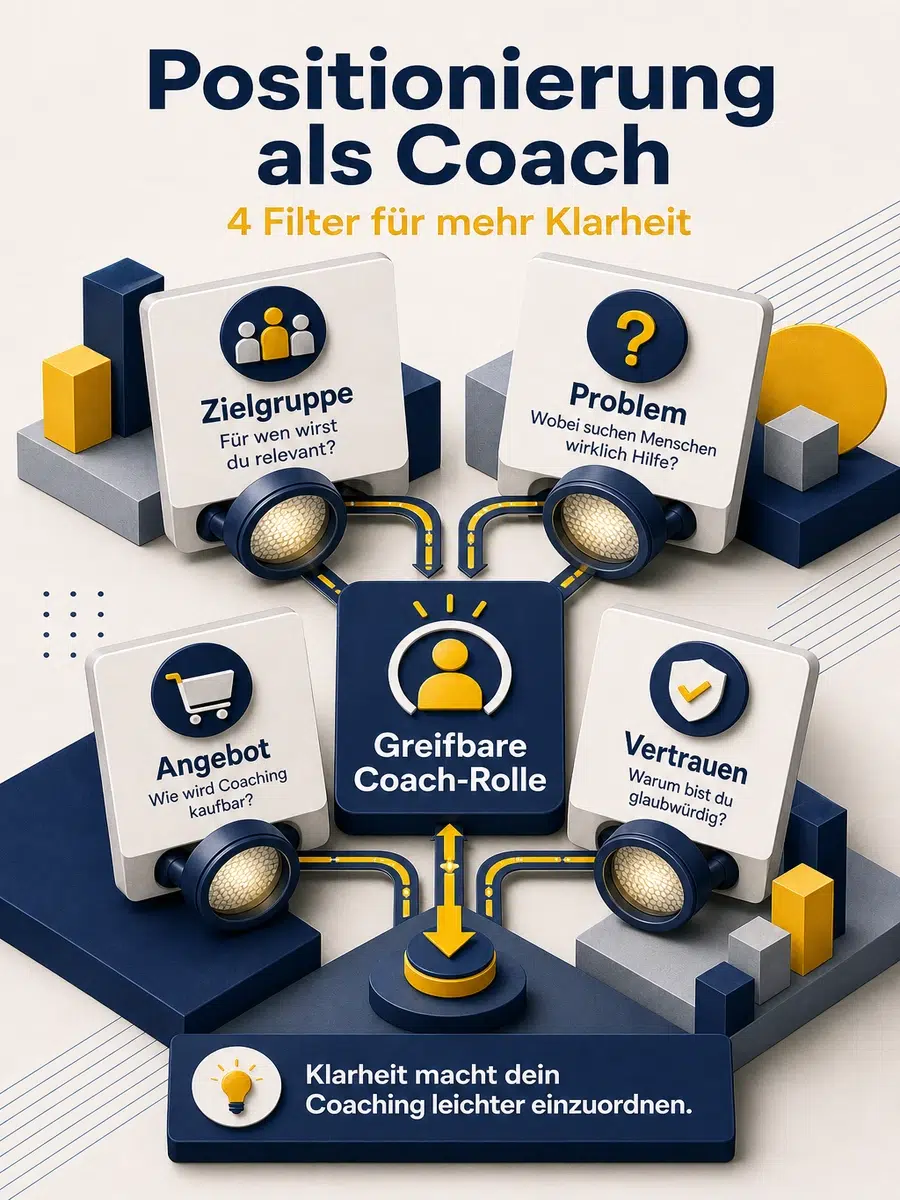 Positionierung Als Coach: So Wirst Du Für Die Richtigen Kunden Greifbar Infografik Zur Positionierung Als Coach Mit Vier Filtern: Zielgruppe, Problem, Angebot Und Vertrauen.
