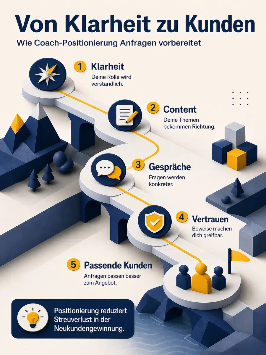 Positionierung Als Coach: So Wirst Du Für Die Richtigen Kunden Greifbar Infografik Zur Neukundengewinnung Als Coach: Klarheit Führt Über Content, Gespräche Und Vertrauen Zu Passenden Kunden.